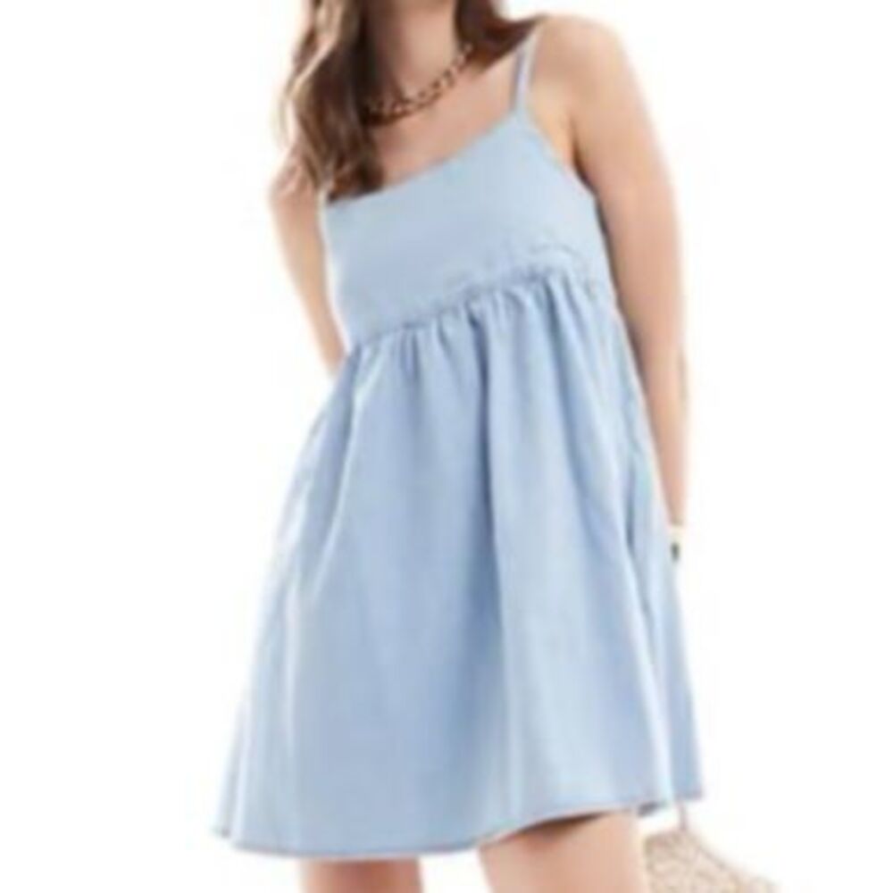 OFFON Clothing Light Blue Linen Tie Strap Mini Sun Dress L XL
